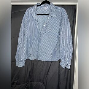Old Navy Navy Striped Button Down “The Cropped Shirt”
